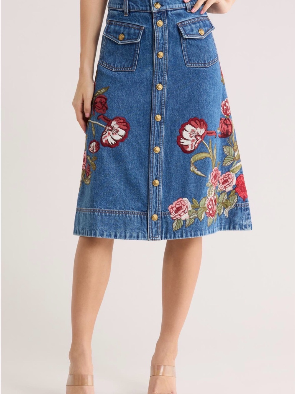 Alice + Olivia Blue Denim Midi Skirt with Red & Pink Floral Embroidery
